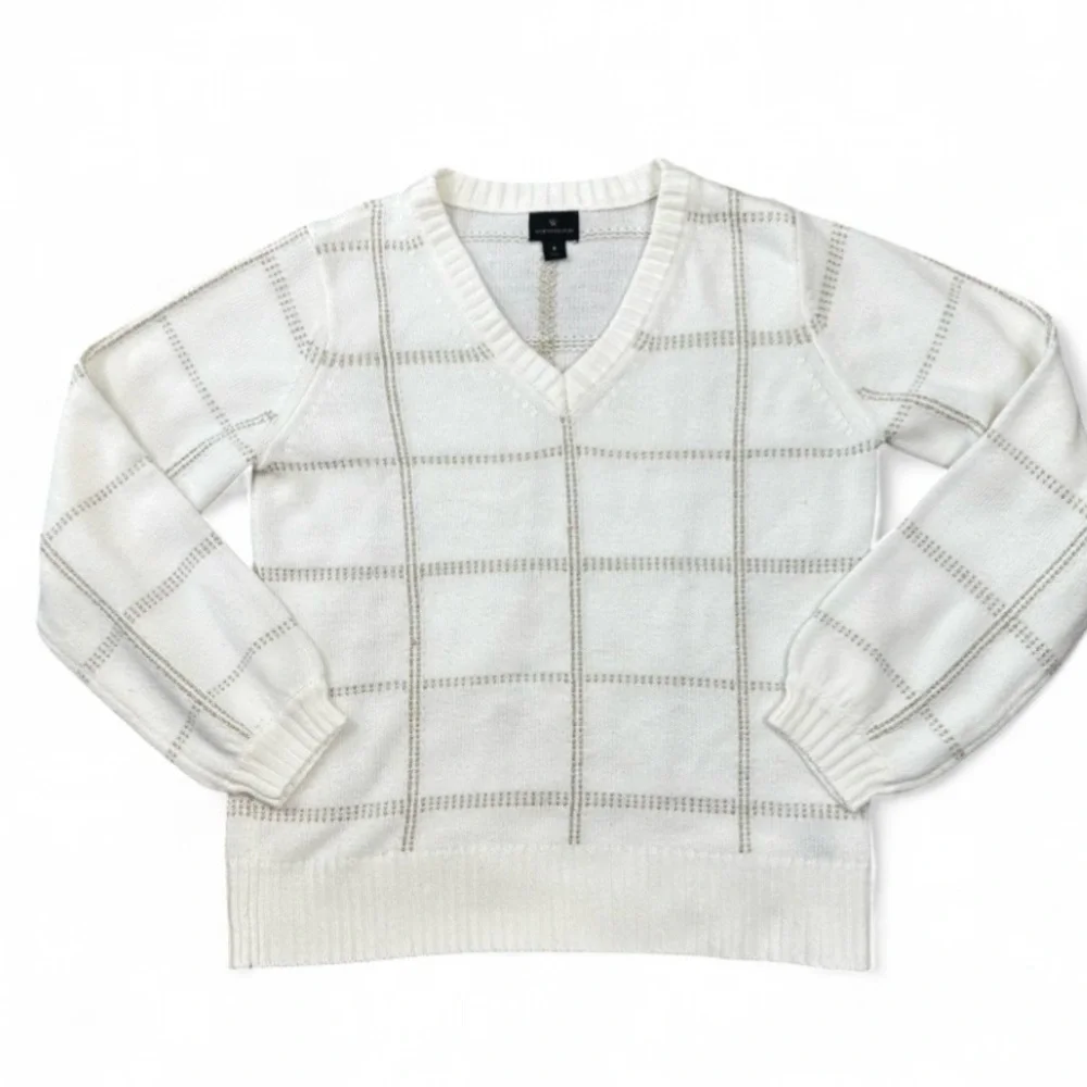 Worthington Women's Sweater Small S Ivory Gold Metallic Plaid V-Neck Shimmer - Picture 5 of 12